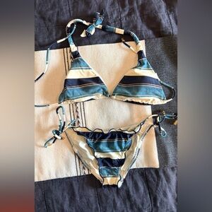 Vix Navy, Teal & White Striped Triangle Bikini